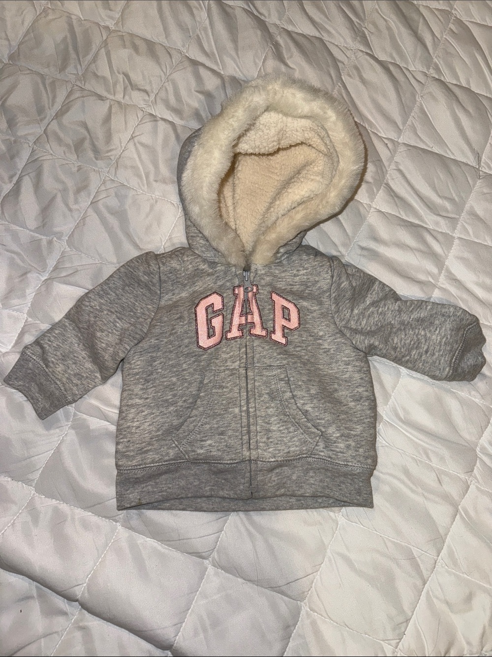 GAP Gray Hooded Sherpa-Lined Zip Sweatshirt with Pink Logo